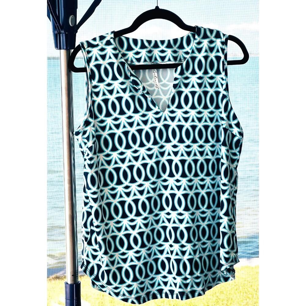 LULU B Sleeveless Key Hole V-Neck UPF 50+ Top Blue White Geometric Print Sz L